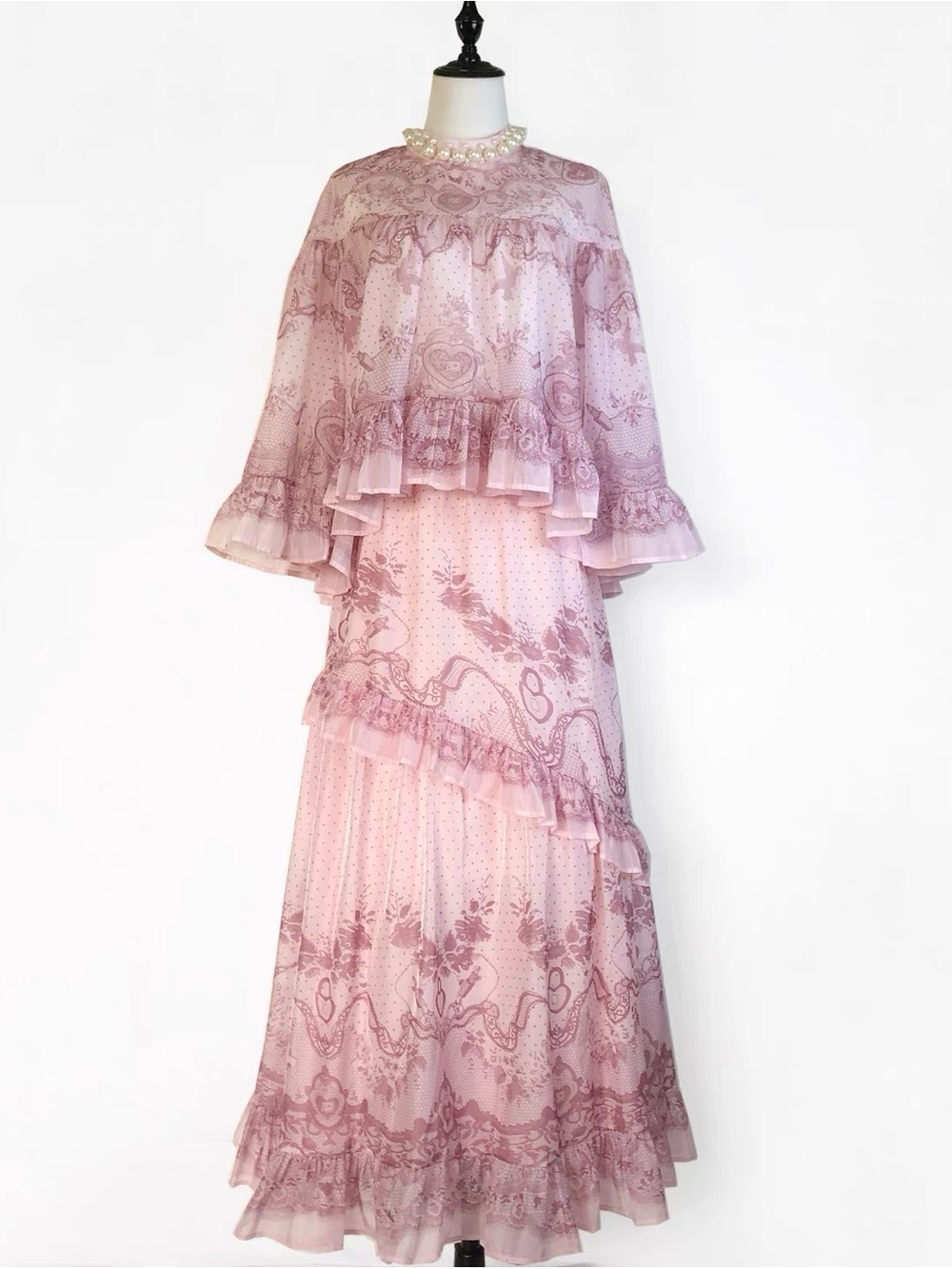Designer-style Pink Ruffle Maxi Two-Piece Dress - Picture 1 of 12